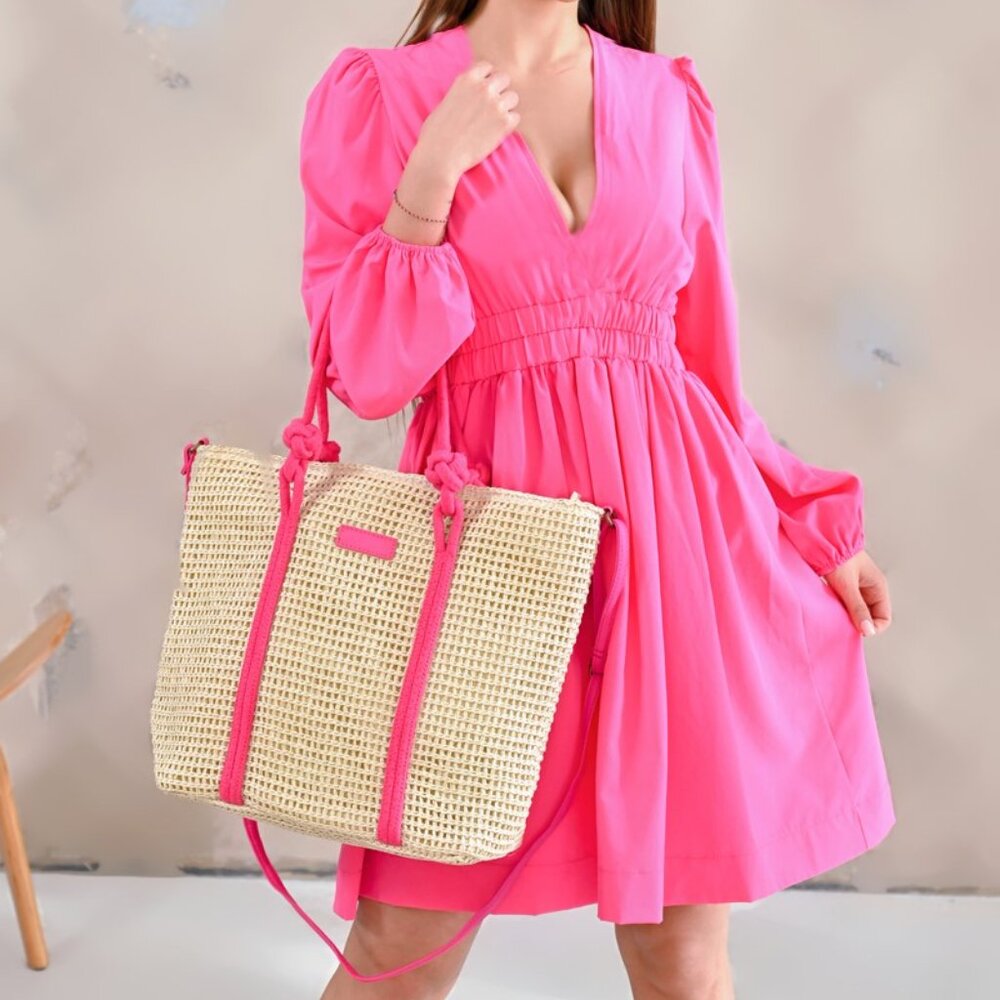 Paper Straw Beach Bag Fuchsia Trimmed Knot Handle Large Handbag Tote NWT
